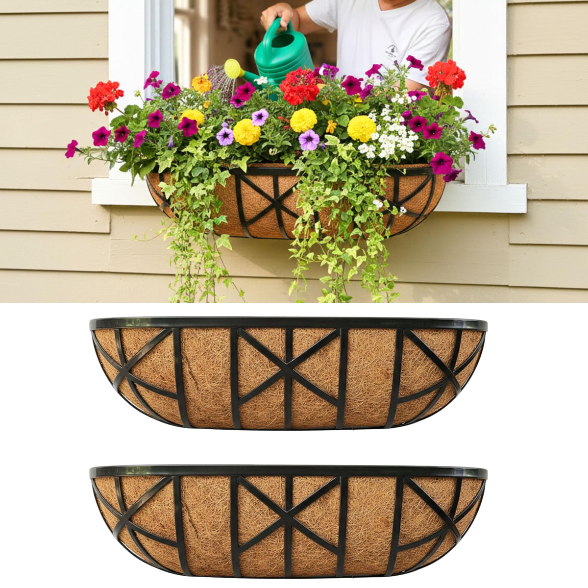 LáLáGreen 24-inch window box in black metal, supports vibrant outdoor flowers and herbs.