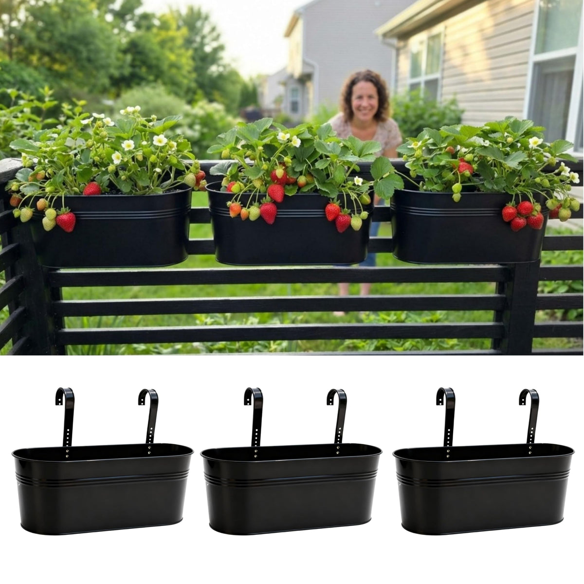 LáLáGreen rail planter 17-inch in black for balcony railing hanging décor.