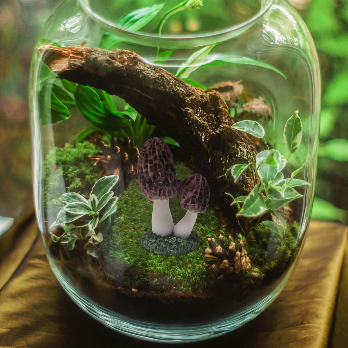 Lamnes resin mushroom figurines add whimsy to indoor or outdoor fairy gardens.