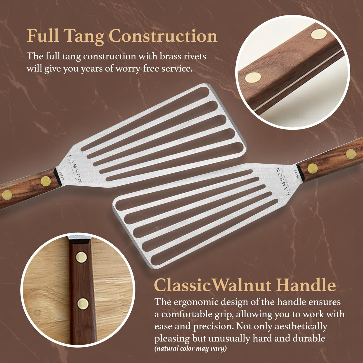 Lamson left-handed ergonomic design improves grip and maneuverability.