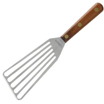 Lamson slotted spatula with walnut handle, left-handed design for precise flipping.