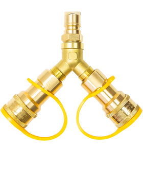 Lamudo gas Y-splitter brass body close-up for durable outdoor use.