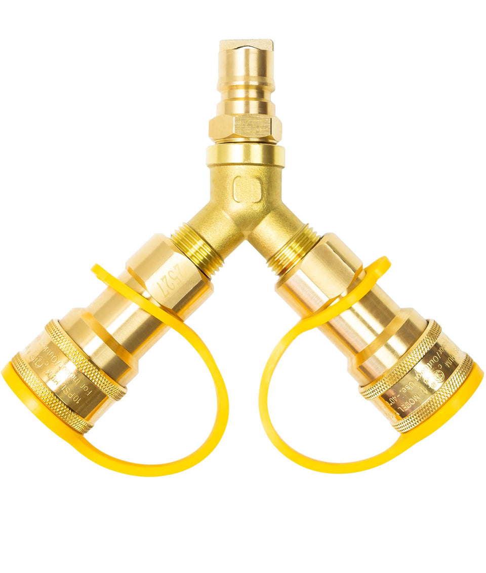 Lamudo gas Y-splitter brass body close-up for durable outdoor use.