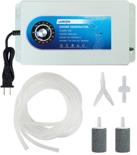 Lamudo ozone generator with timer unit enables easy water treatment and air deodorization.