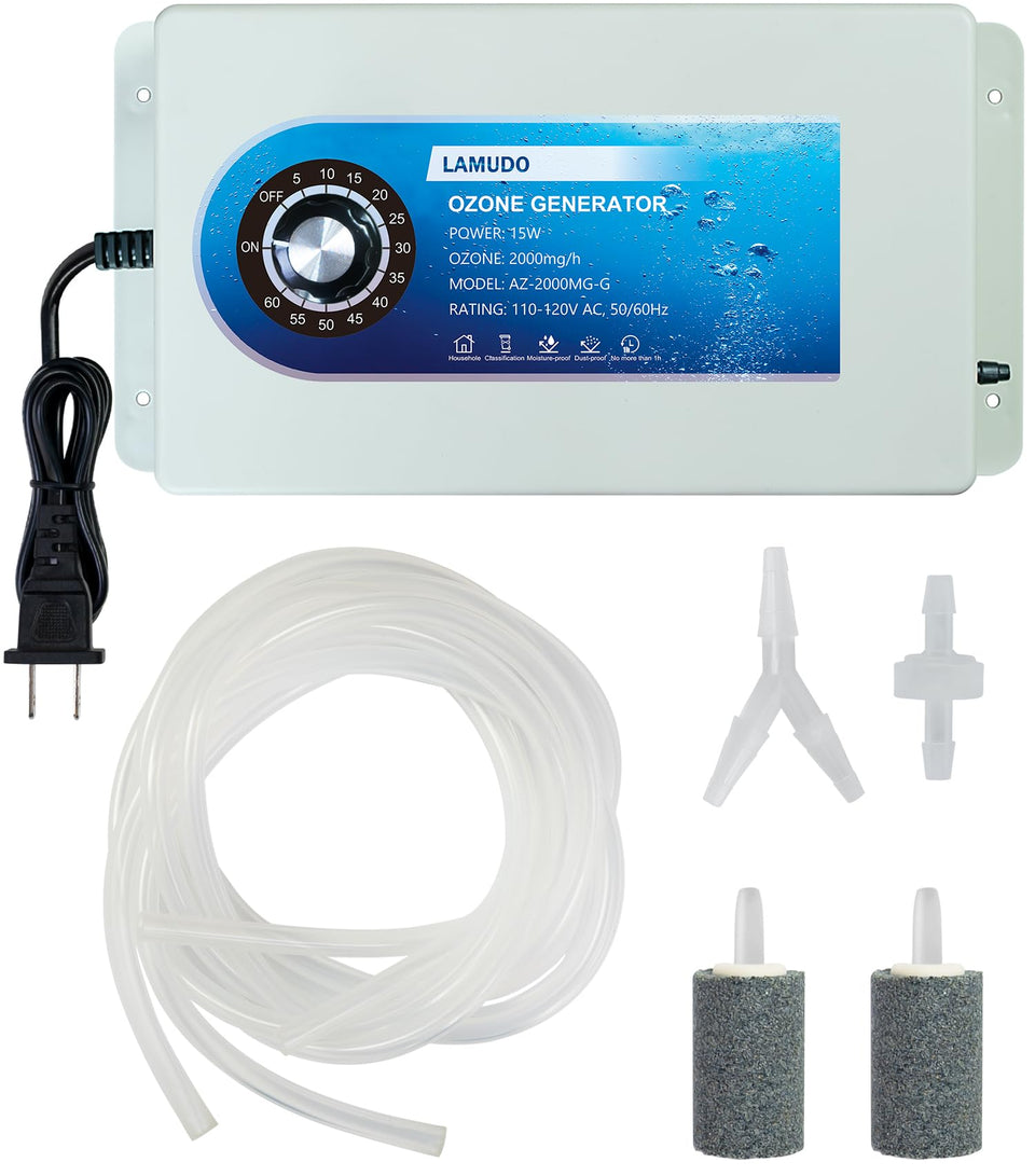 Lamudo ozone generator with timer unit enables easy water treatment and air deodorization.