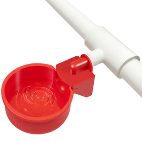 LANARP chicken waterer cups connected to PVC tee for steady coop hydration
