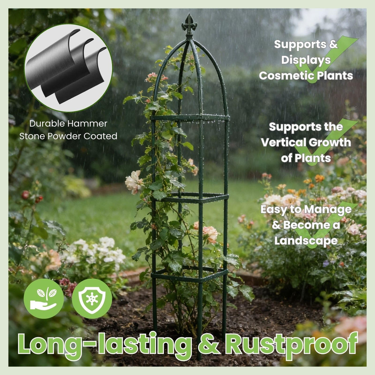 Lancisism indoor steel arch trellis adds elegant plant structure.