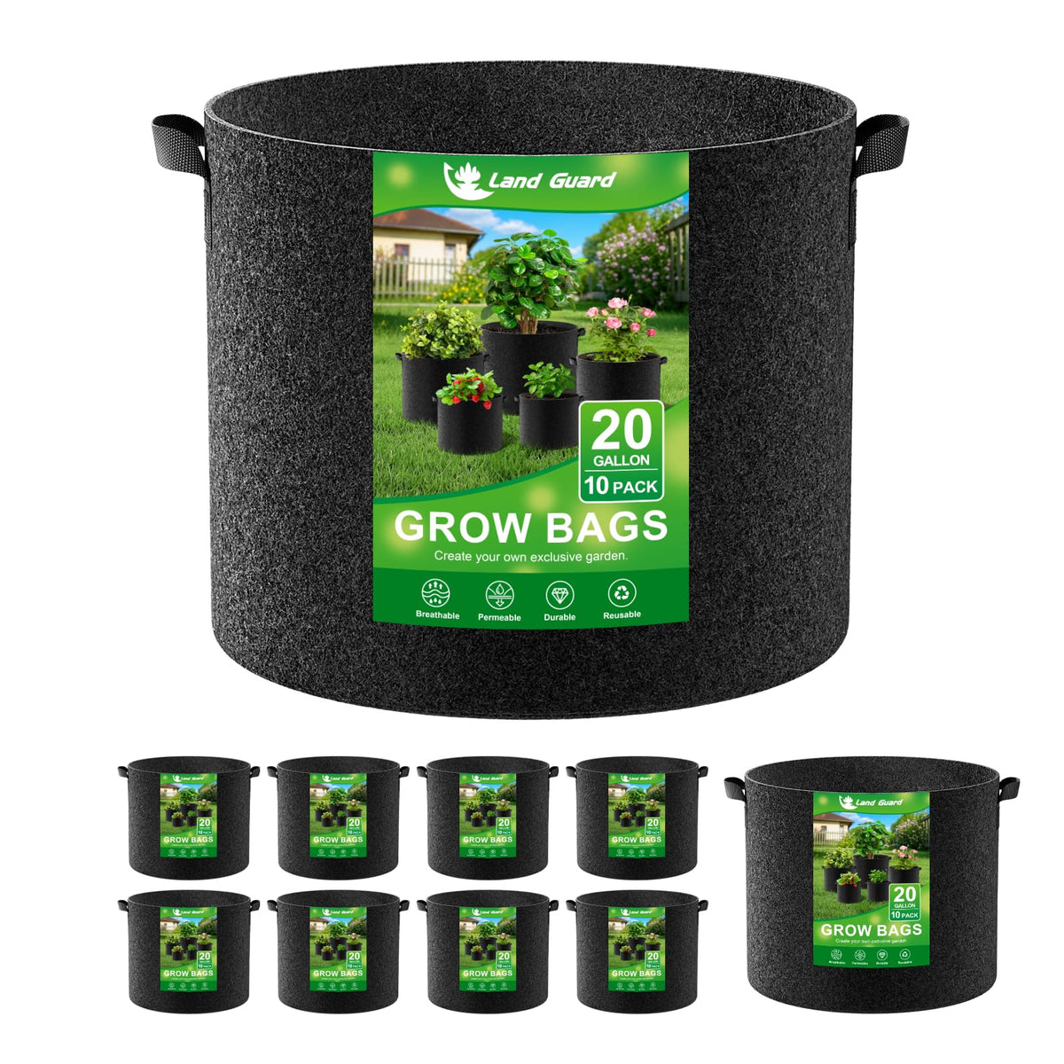 Land Guard 10-pack 20-gallon grow bags show sturdy fabric and ample root space.