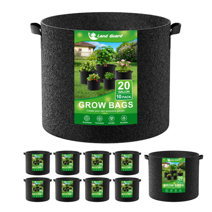Land Guard 10-pack 20-gallon grow bags show sturdy fabric and ample root space.