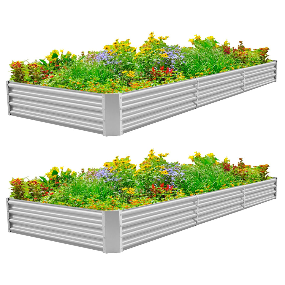 Land Guard 12x4x1ft galvanized raised bed with open bottom for drainage.