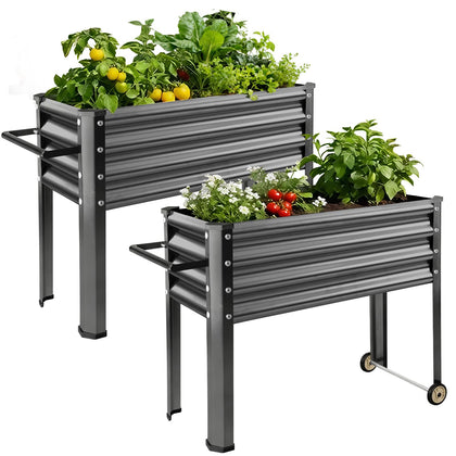 Land Guard galvanized raised bed with legs and wheels for easy mobility.