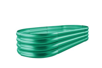 Land Guard galvanized oval raised bed in green, perfect for fresh vegetables and herbs.