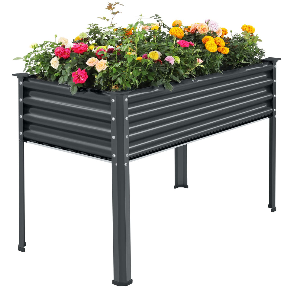 Land Guard galvanized raised garden bed with legs showing durable outdoor construction.