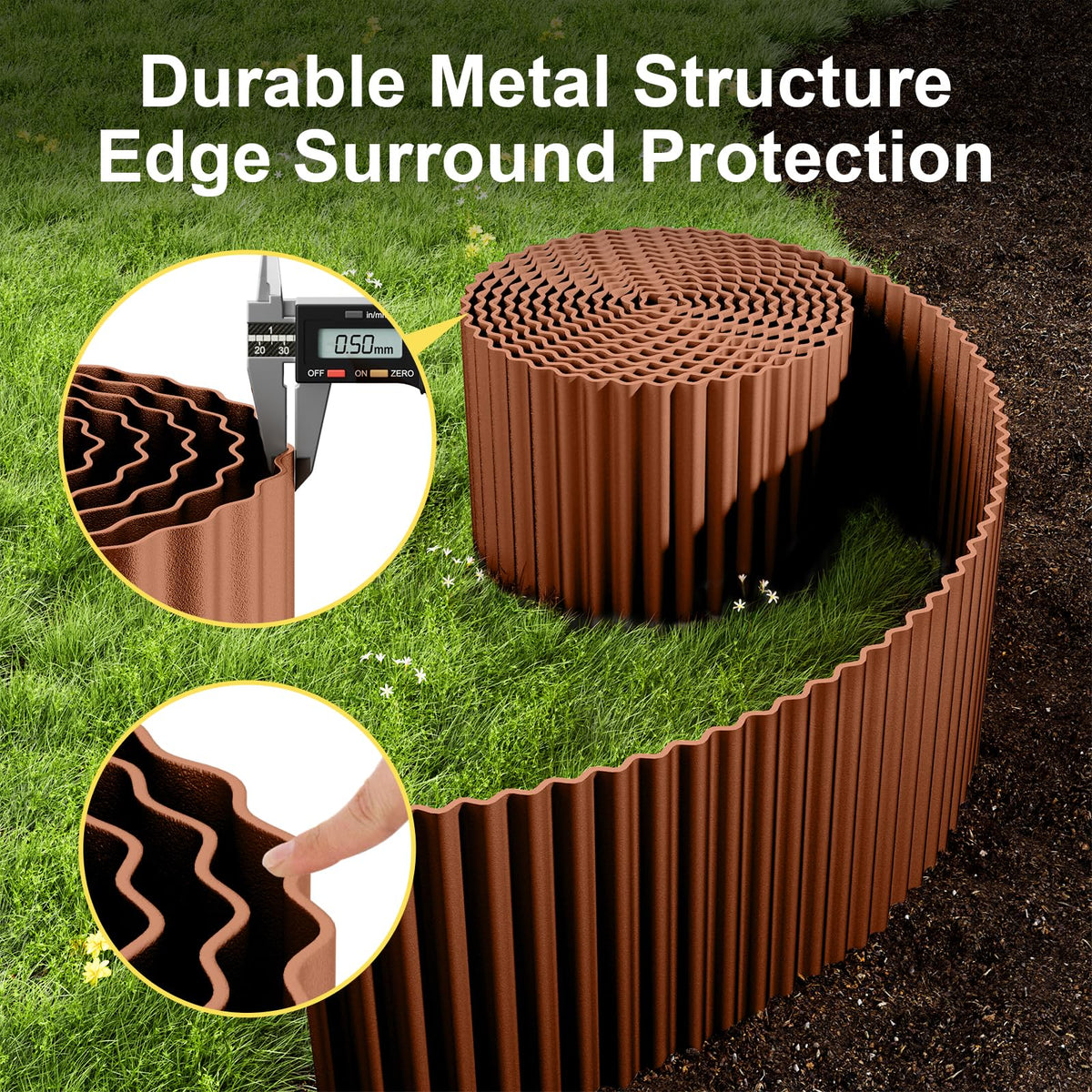 Land Guard edging highlights weather resistance and corrosion protection for outdoor use.
