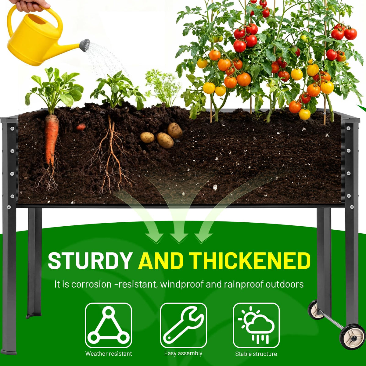 Land Guard movable planter with wheels and handle for easy relocation.