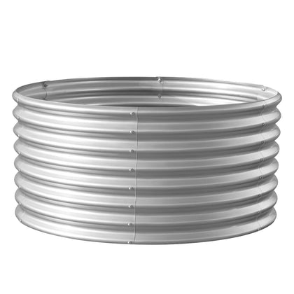 Land Guard round galvanized planter 4x4x2ft front view for vegetables and herbs.