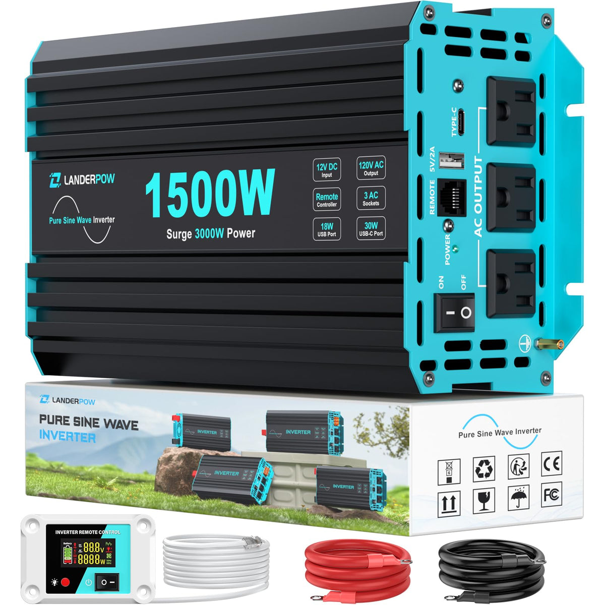 LANDERPOW 1500W inverter front view powering RV appliances safely