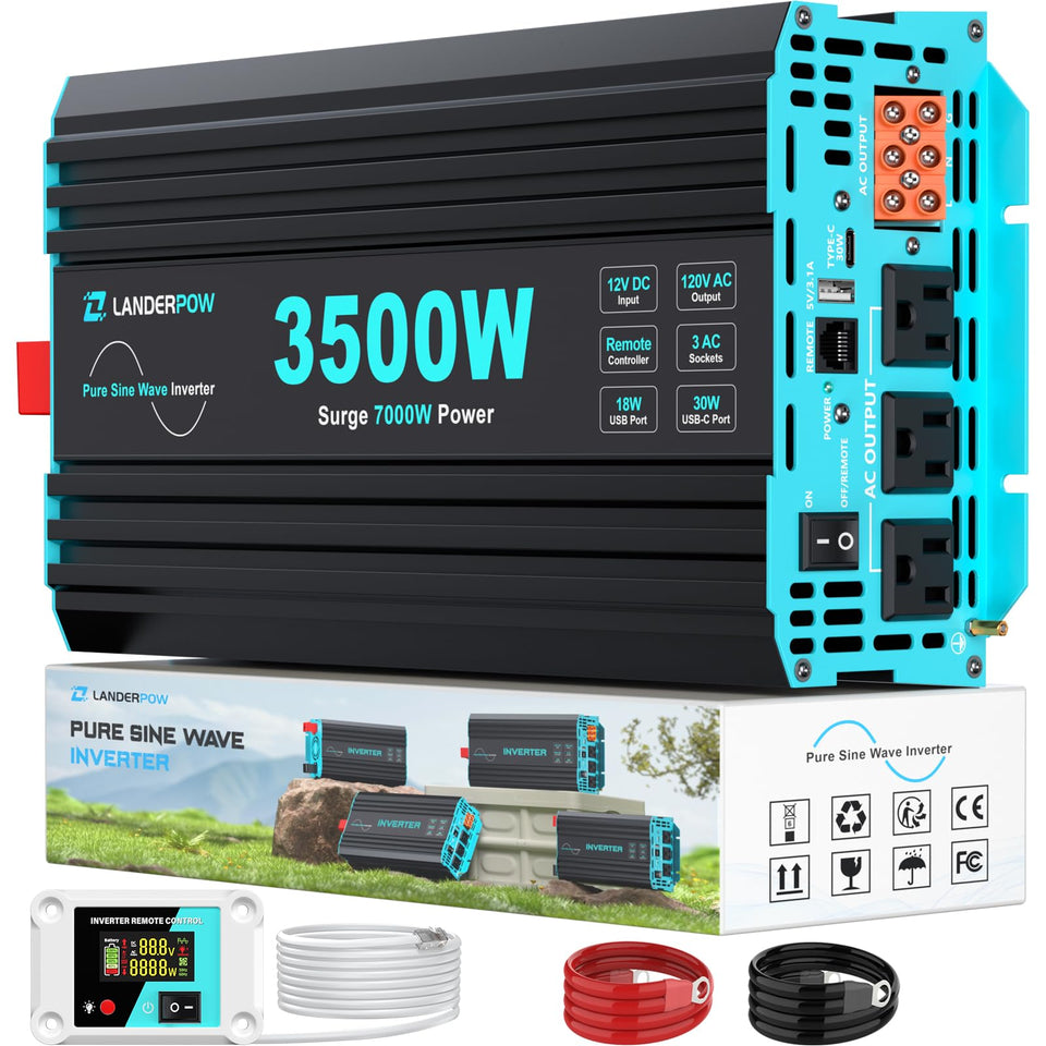 LANDERPOW pure sine 3500W inverter front view showing compact design for safe power