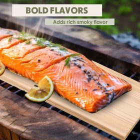 Landical cedar planks natural wood grain adds rustic appeal to BBQ setup.