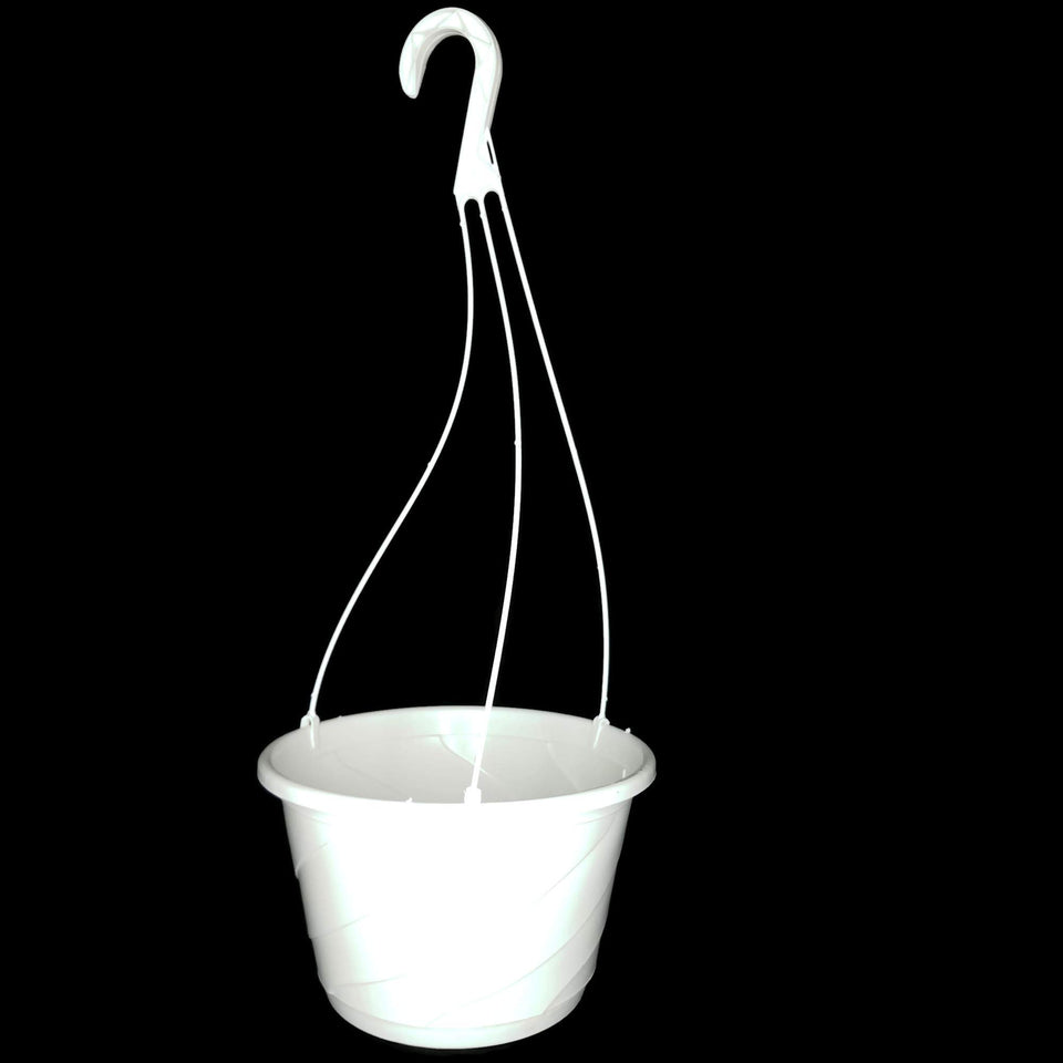 Landmark Plastics Contempo Swirl 10-inch white hanging basket ready for outdoor display.
