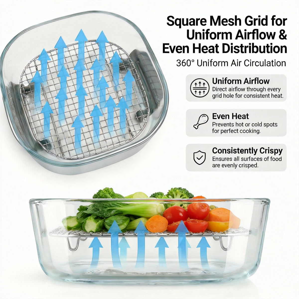 LANEJOY elevated design keeps food above fats for lighter meals.