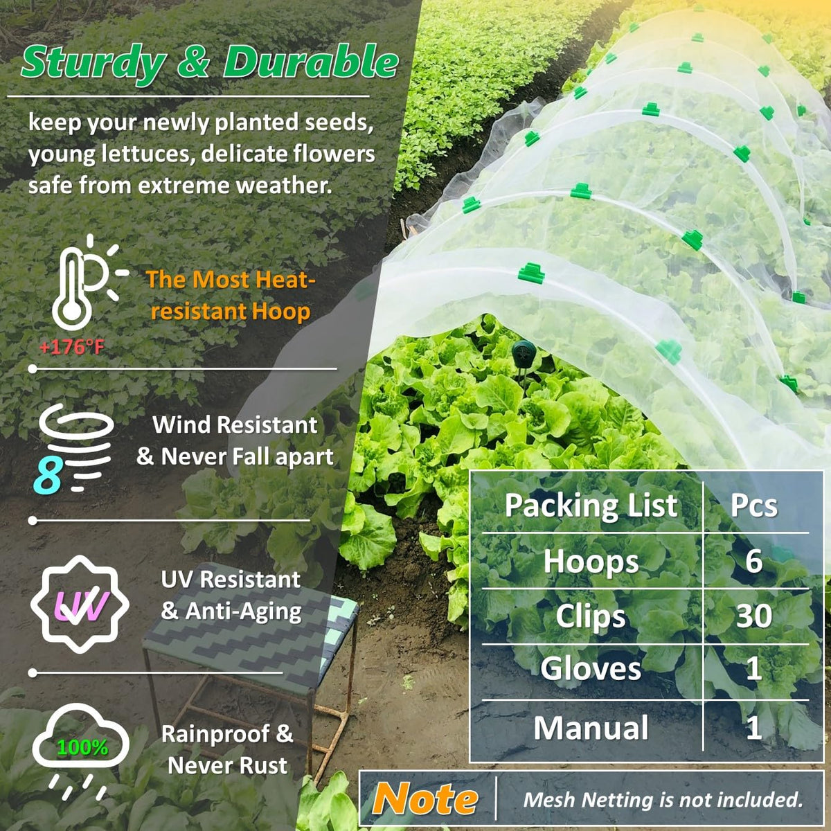 Fiberglass garden hoops resist rust and weather, keeping tunnel frame stable.