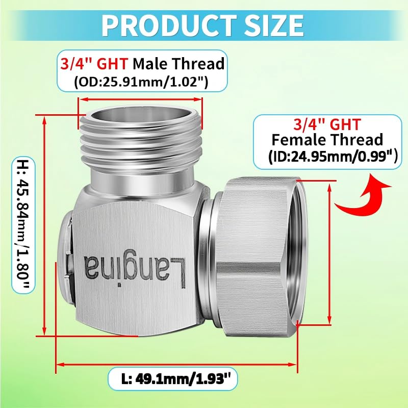 Langina 3/4-inch GHT swivel adapter enables smooth maneuvering around tight corners.