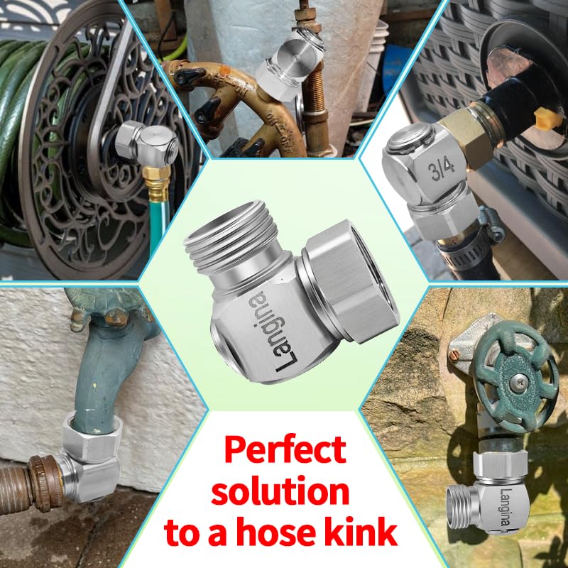 Langina 90-degree elbow suited for hose-extension setups around planters and sheds.