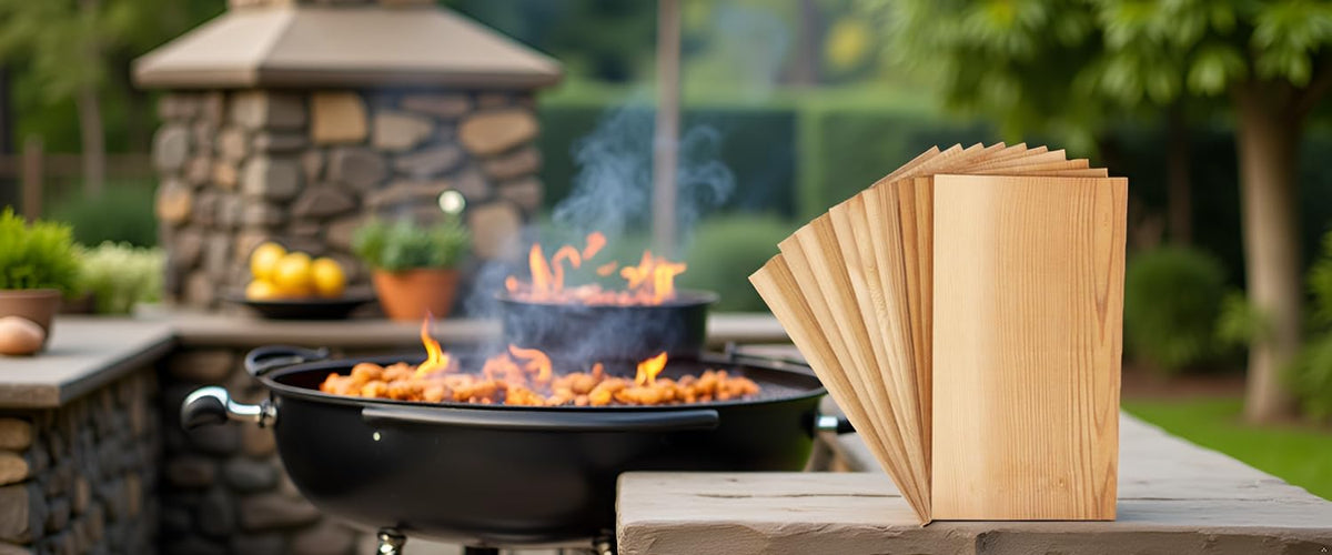 Langxinese cedar planks on the grill releasing rich aroma.