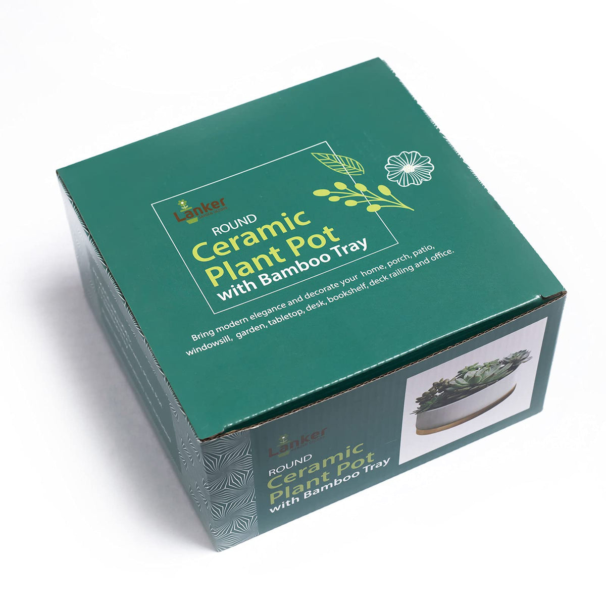 Ceramic planter with bamboo tray highlight for natural décor and elevated plant display.