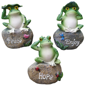 LANKER frog garden statues 3-pack, five-inch sitting on stone for outdoor decor.