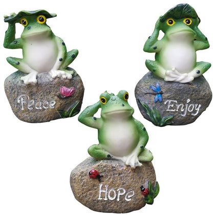 LANKER frog garden statues 3-pack, five-inch sitting on stone for outdoor decor.