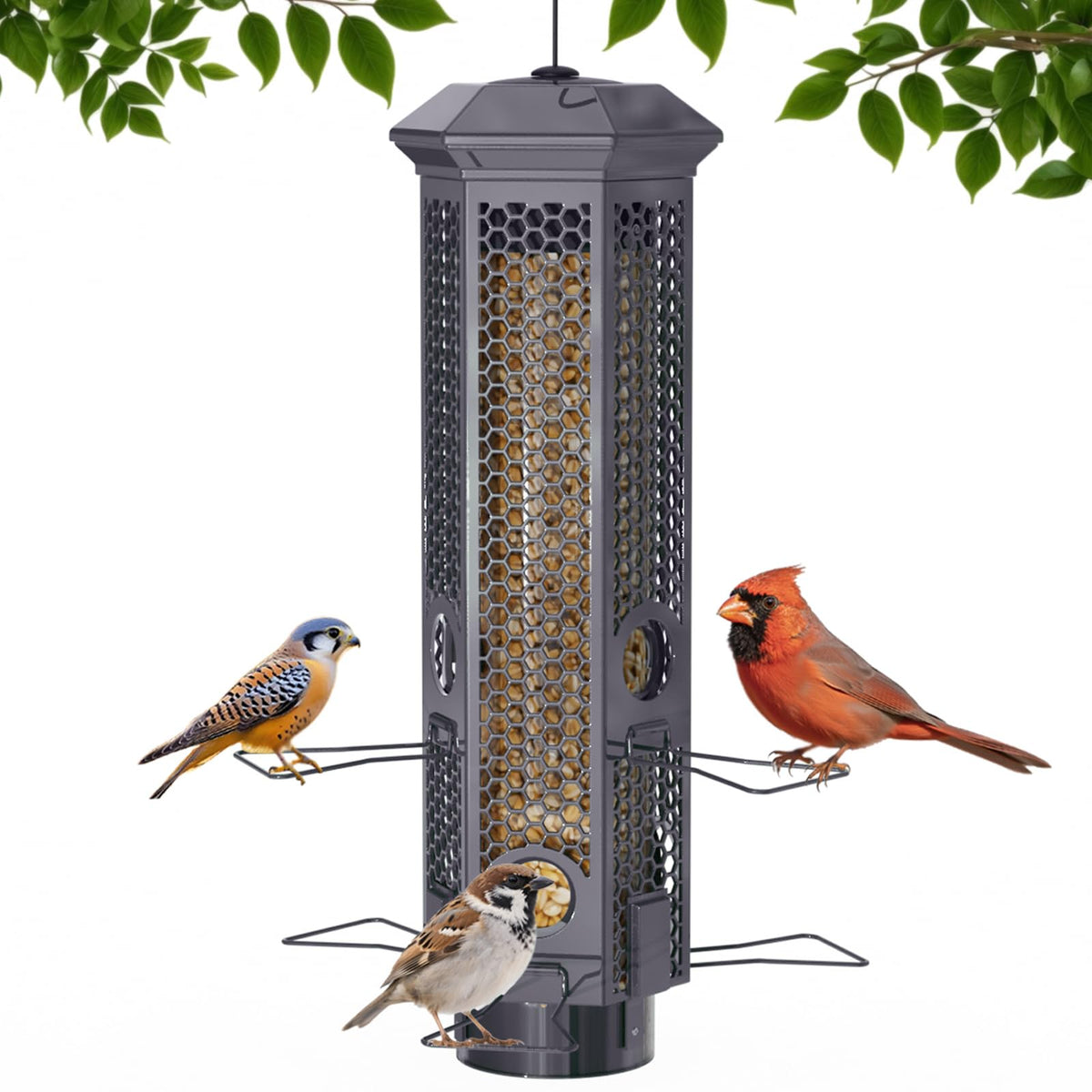 Lannso squirrel-proof bird feeder in gray with six ports for multiple birds