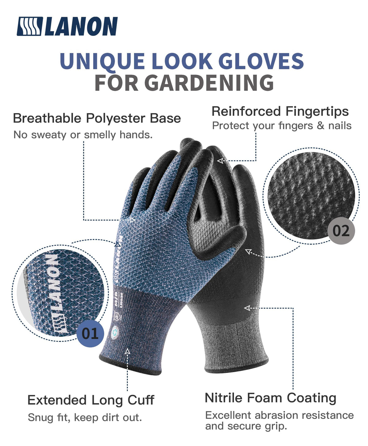 LANON gardening gloves bluebird for reliable grip