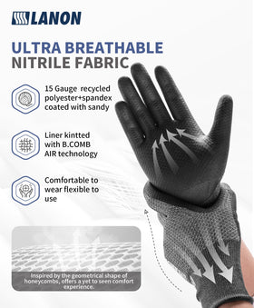 LANON nitrile-coated gloves improve grip for light-oil tasks