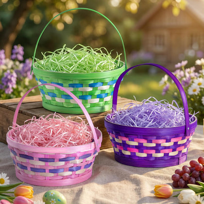 Lanpn Easter Basket 3pc set in bamboo weave, ideal for egg hunts and candy storage.