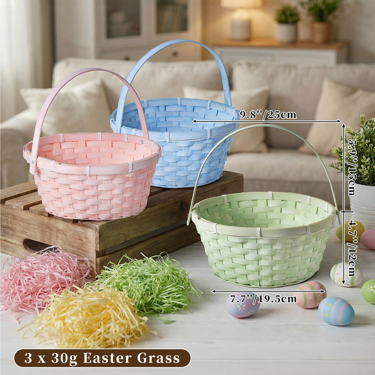 Lanpn 3pc bamboo Easter baskets blue closeup ideal for spring decor