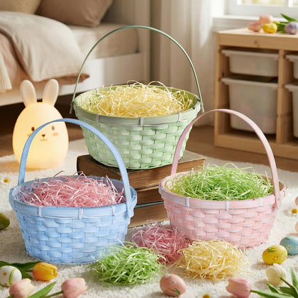 Lanpn 3pc bamboo Easter baskets pink closeup for egg hunts and gifting