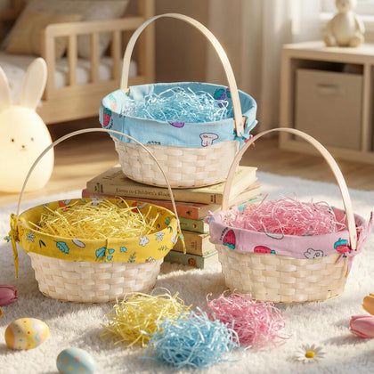 Lanpn natural bamboo Easter basket 3pcs with removable bunny liner for easy cleaning