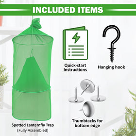 Lanternfly Motel green 2-pack hanging hooks included for tree attachment.