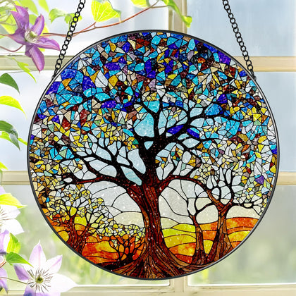 LAOWEIKI 8-inch Tree of Life suncatcher catching sunlight with vivid, lasting color