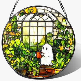 LAOWEIKI 8in Halloween ghost sun catcher glowing in sunlight for window decor