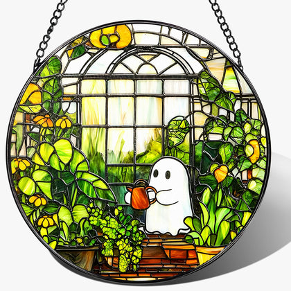 LAOWEIKI 8in Halloween ghost sun catcher glowing in sunlight for window decor