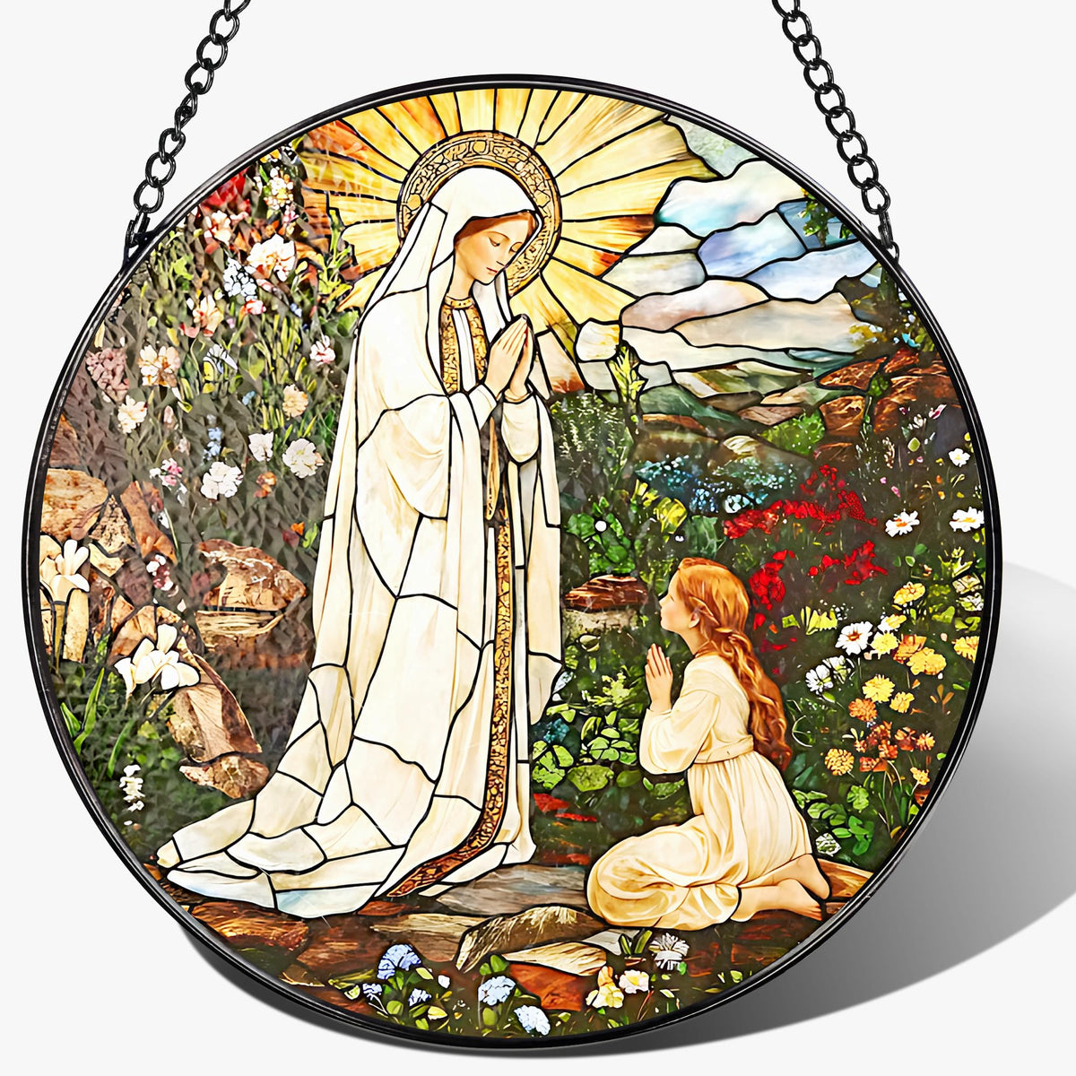 LAOWEIKI 8-inch Lady of Lourdes suncatcher brightens windows with colorful light.