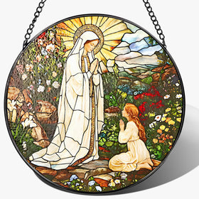 LAOWEIKI 8-inch Lady of Lourdes suncatcher brightens windows with colorful light.