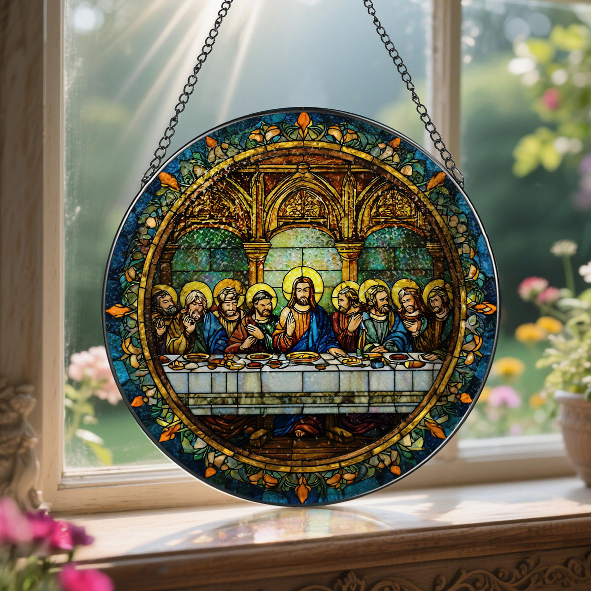 LAOWEIKI 8-Inch Last Supper suncatcher with black frame enhances faith-inspired space