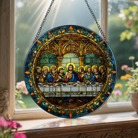 LAOWEIKI 8-Inch Last Supper suncatcher with black frame enhances faith-inspired space
