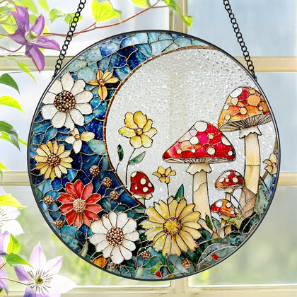 LAOWEIKI 8-inch mushroom suncatcher, close-up stained glass display catching sunlight for vibrant colors.