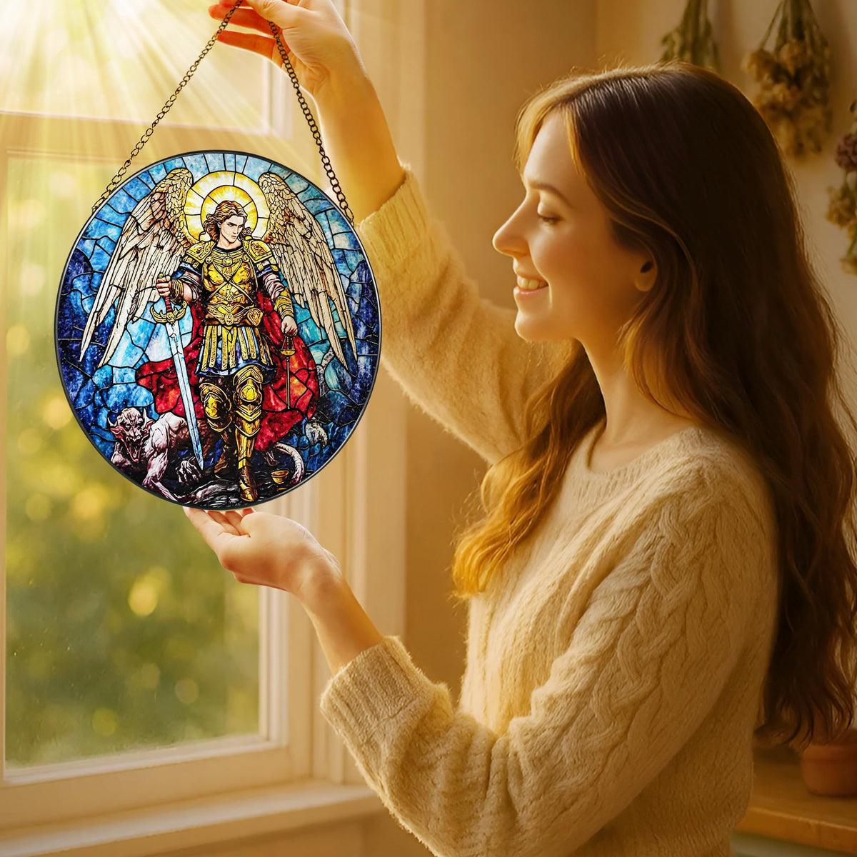 LAOWEIKI Archangel Michael window hanging highlights warm tones as light passes
