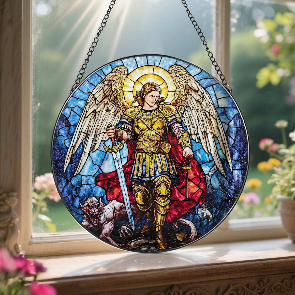LAOWEIKI black metal frame adds sleek contrast to stained glass ornament